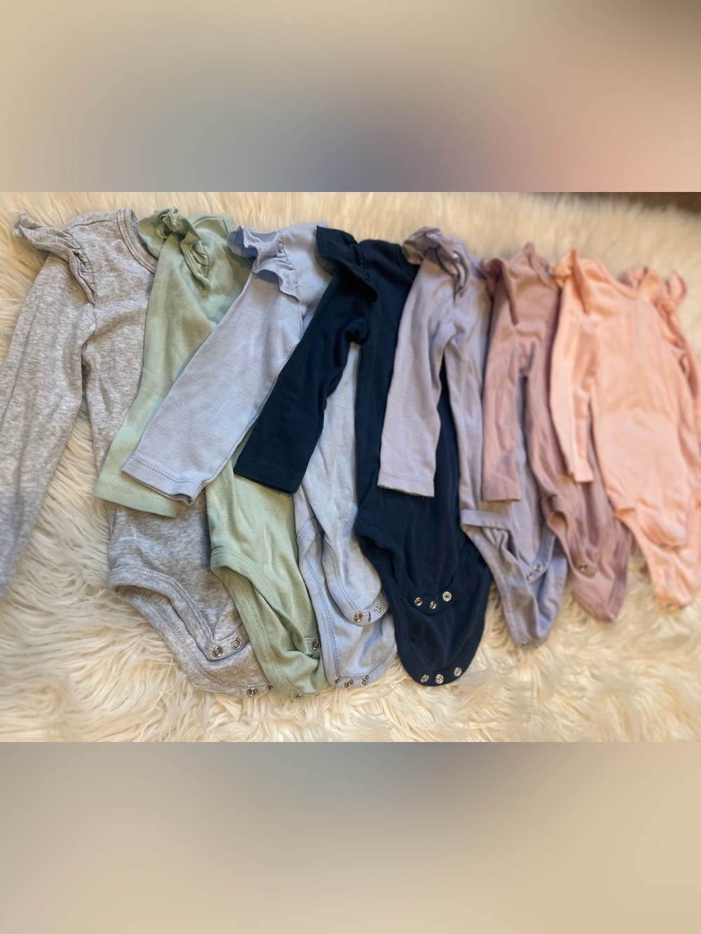 BUNDLE of 7 6-9 Months Ruffle Soft Ribbed Long-Sleeve Baby Onesies Honest Baby